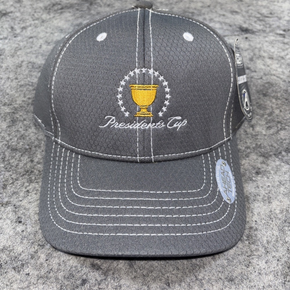 NWT Ahead Tech Presidents Cup Gray Hat PGA Golf Embroidered Logo Cap Adjustable